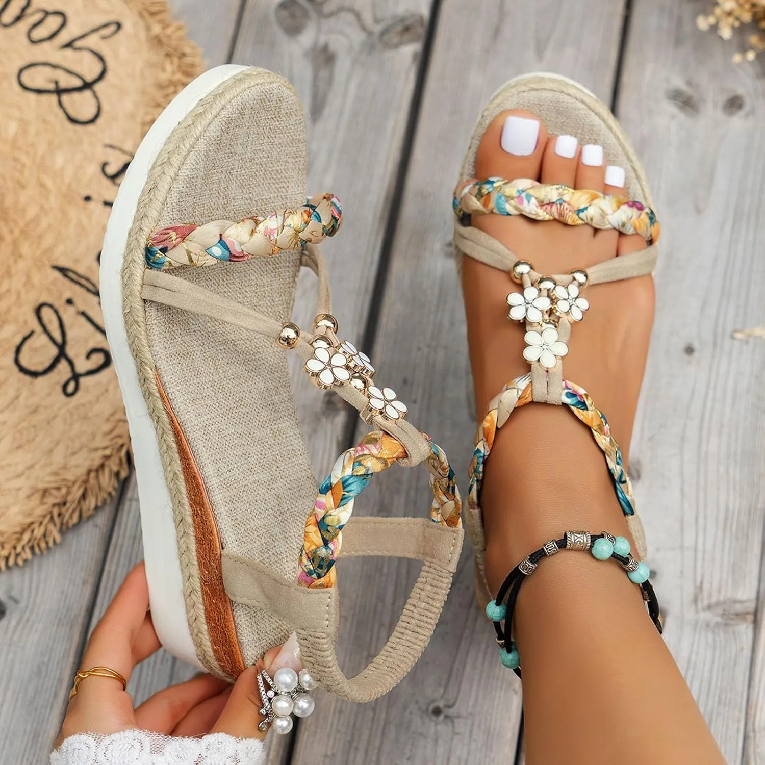 Women's Rhinestone Open Toe Summer Sandals Fashion Casual Bohemian Lace Flower Flip Flops Sandals for Women Dressy Wide Width Low Heel Wedding Party Dress Shoes