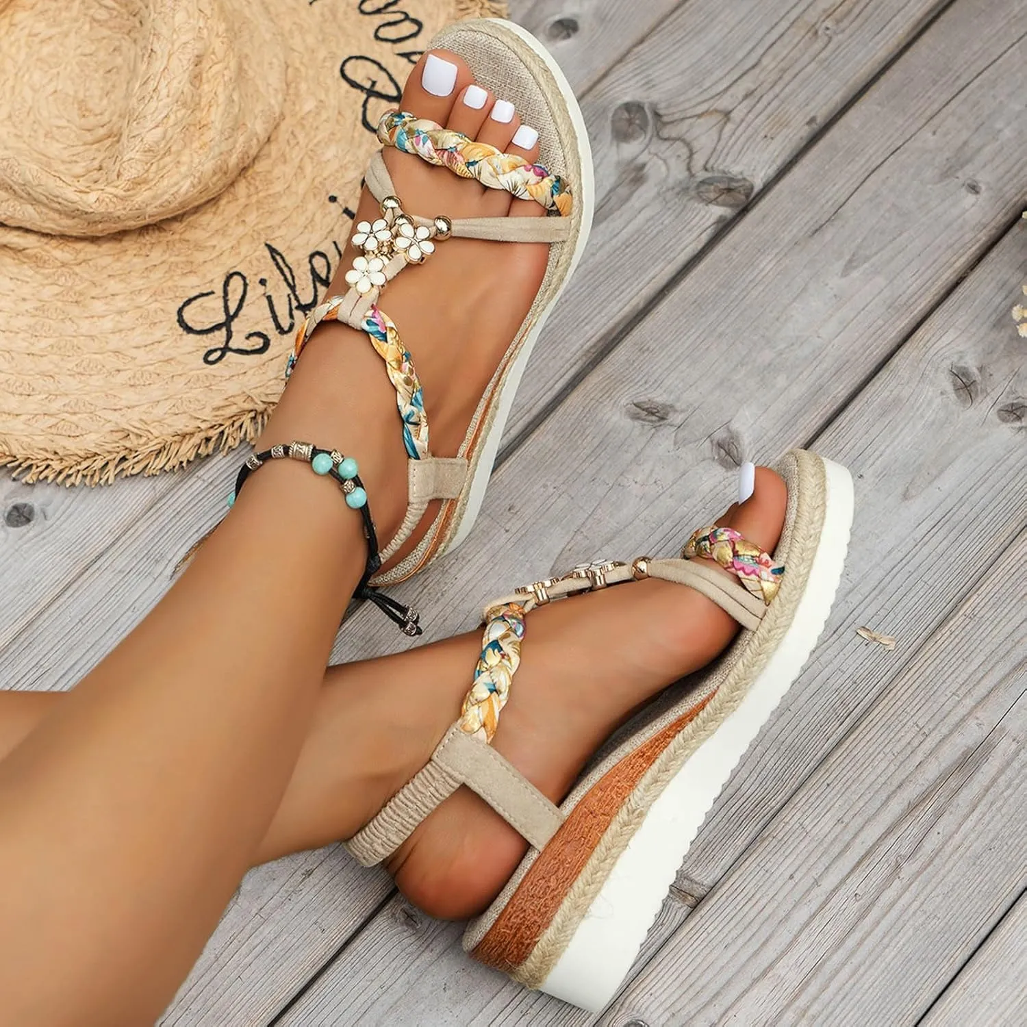 Women's Rhinestone Open Toe Summer Sandals Fashion Casual Bohemian Lace Flower Flip Flops Sandals for Women Dressy Wide Width Low Heel Wedding Party Dress Shoes