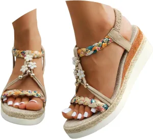 Women's Rhinestone Open Toe Summer Sandals Fashion Casual Bohemian Lace Flower Flip Flops Sandals for Women Dressy Wide Width Low Heel Wedding Party Dress Shoes